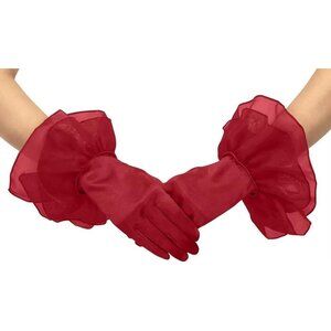 Women's Ruffled Evening Burgundy Short Satin Formal Gloves Costume Accessories